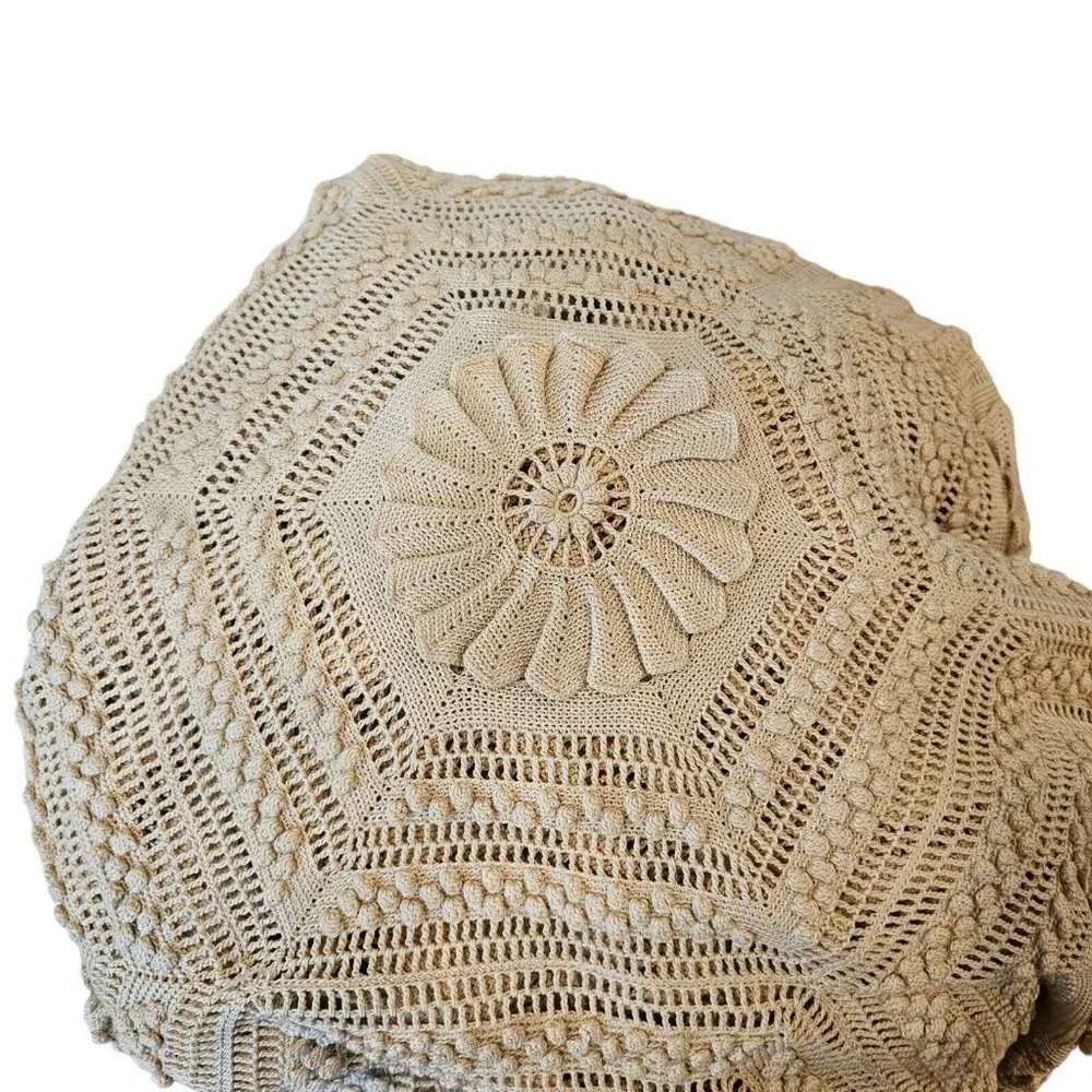 Vintage Cream 3d‎ Popcorn Sunflower Crochet Afghan Blanket King 96x104 He…